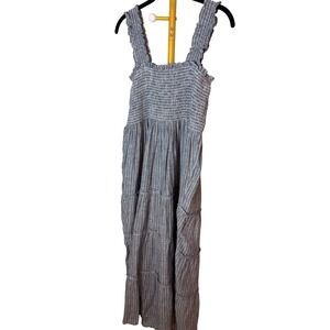 Quince Women XL Blue White Striped 100% Linen Smocked Tiered Maxi Dress NWT